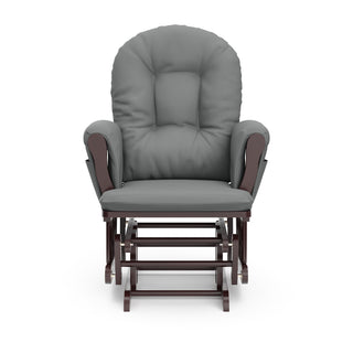 espresso glider and ottoman with gray cushions front view