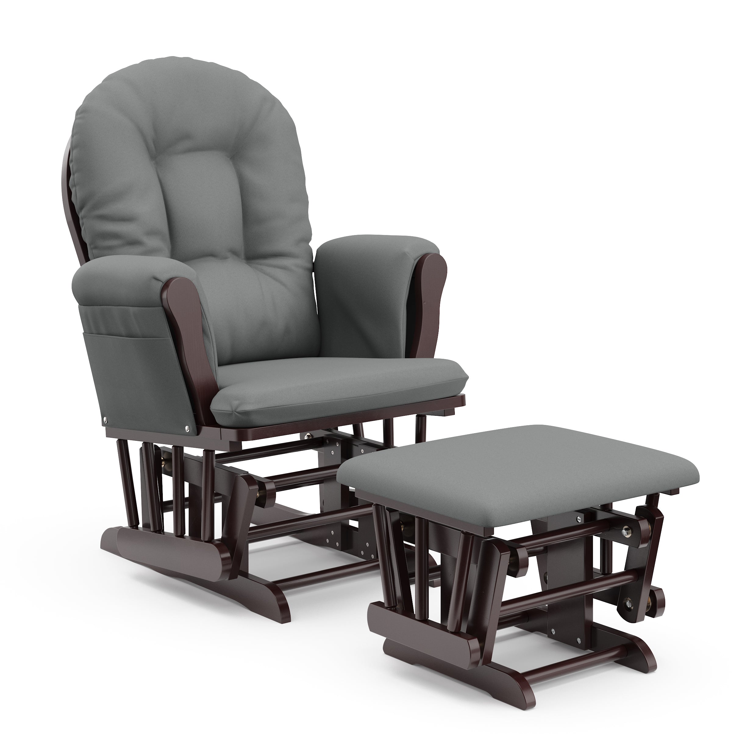 espresso glider and ottoman with gray cushions angled view