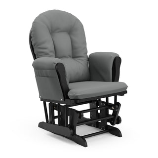 black glider with gray cushions angled view