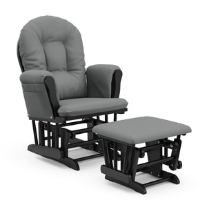 black glider and ottoman with gray cushions angled view