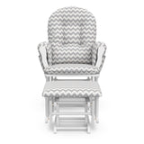 white glider and ottoman with gray chevron cushions front view