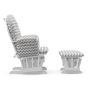 white glider and ottoman with gray chevron cushions side view