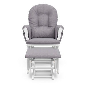white glider with gray swirl cushions with ottoman front view