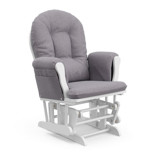 white glider with gray swirl cushions angled view