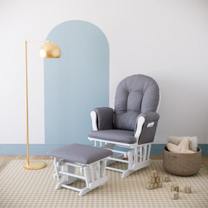 white glider with gray swirl cushions with ottoman in nursery