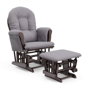 espresso glider and ottoman with gray swirl cushions angled view