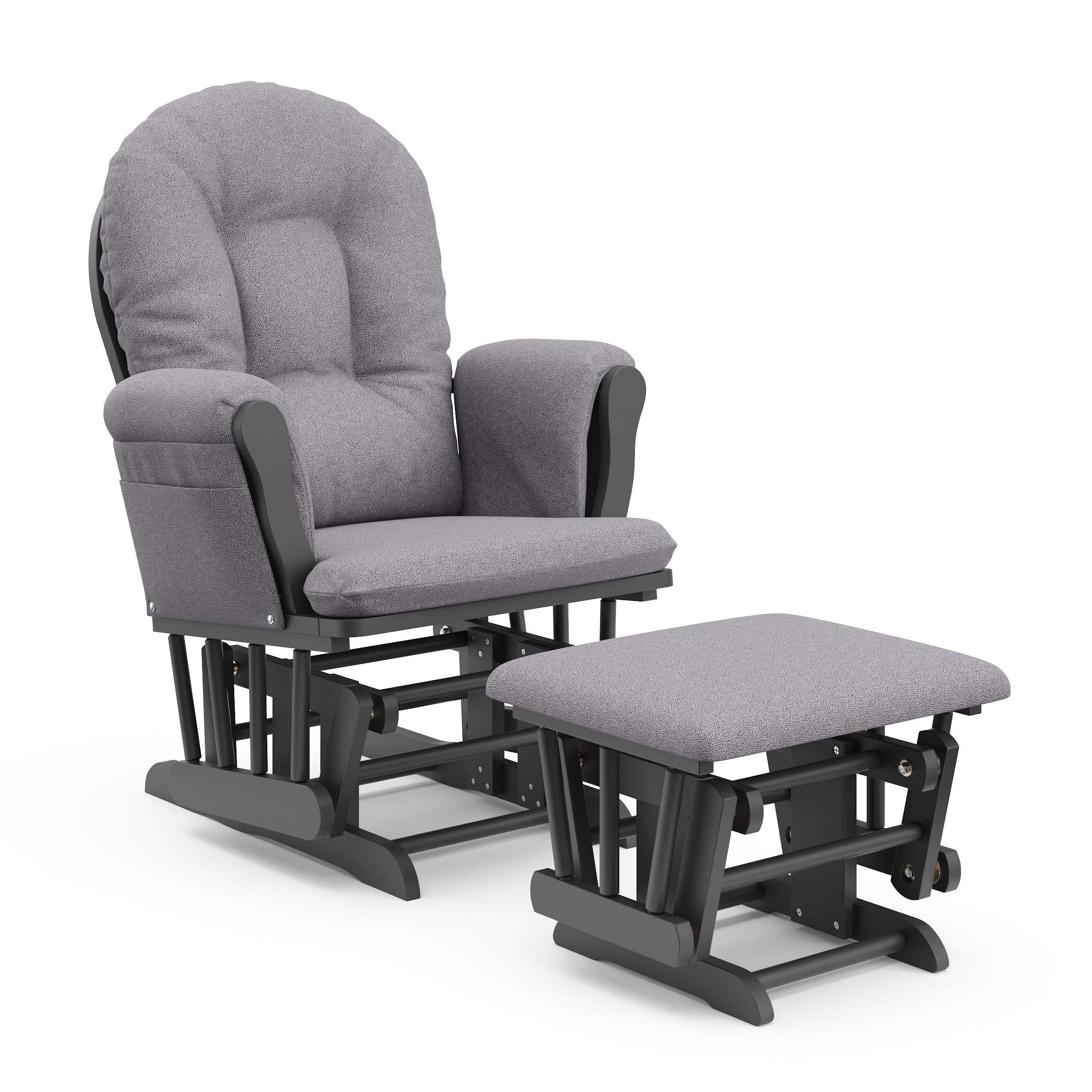 gray glider and ottoman with slate gray cushions angled view