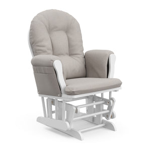 white glider with taupe swirl cushions angled view