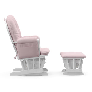 white glider with pink swirl cushions side view