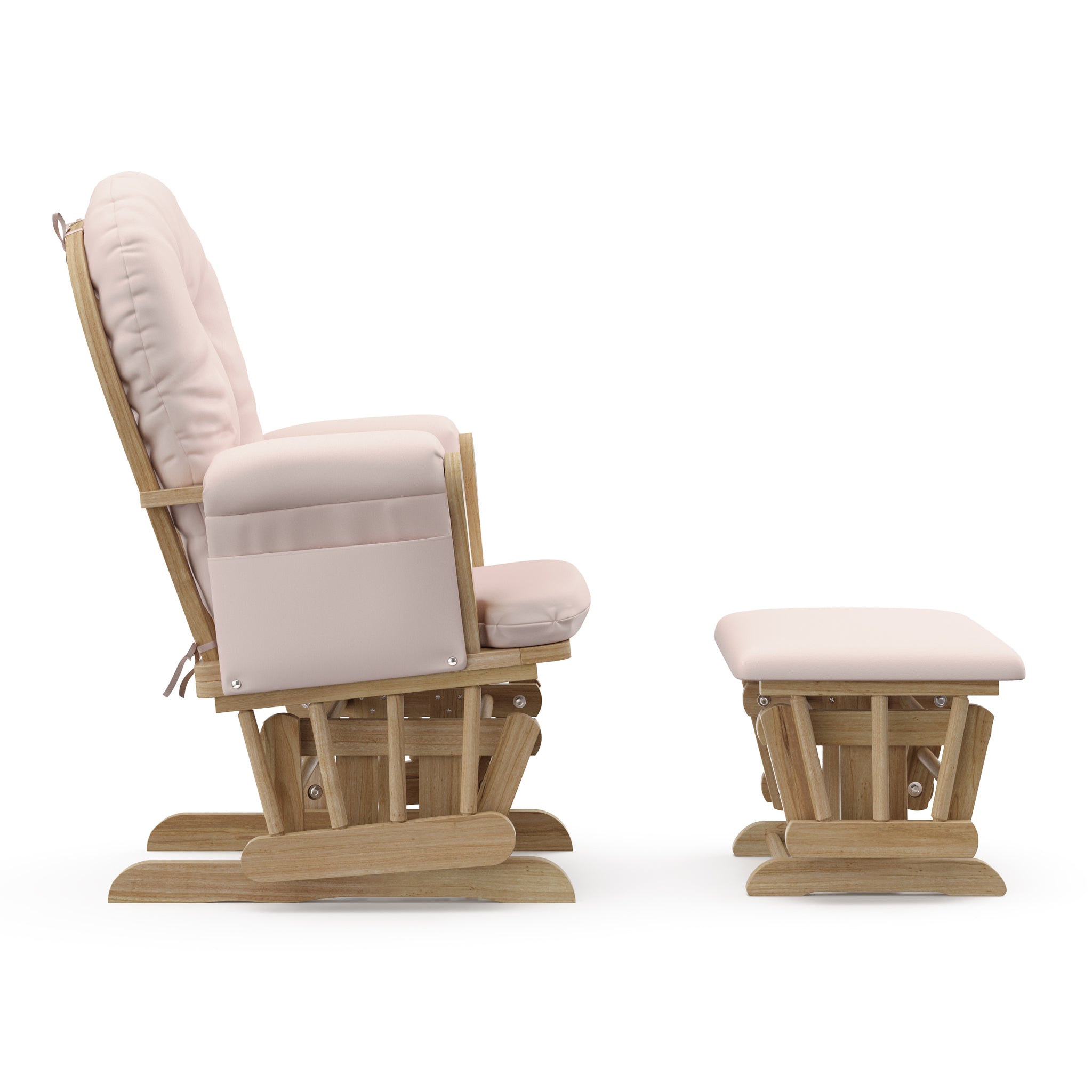 natural glider and ottoman with pink cushions side view