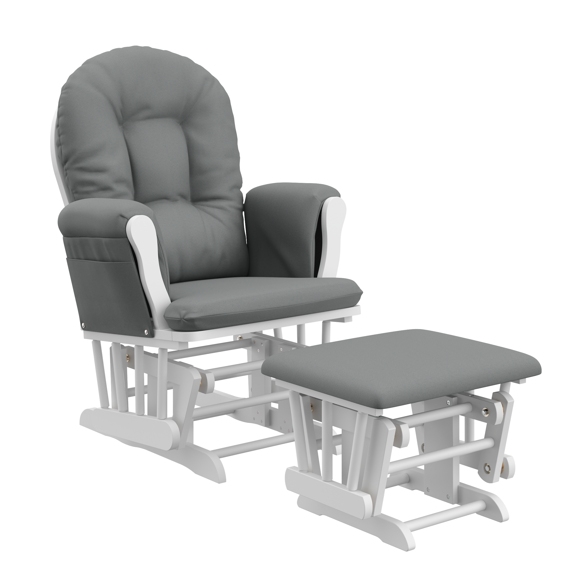 white glider and ottoman with gray cushions angled view