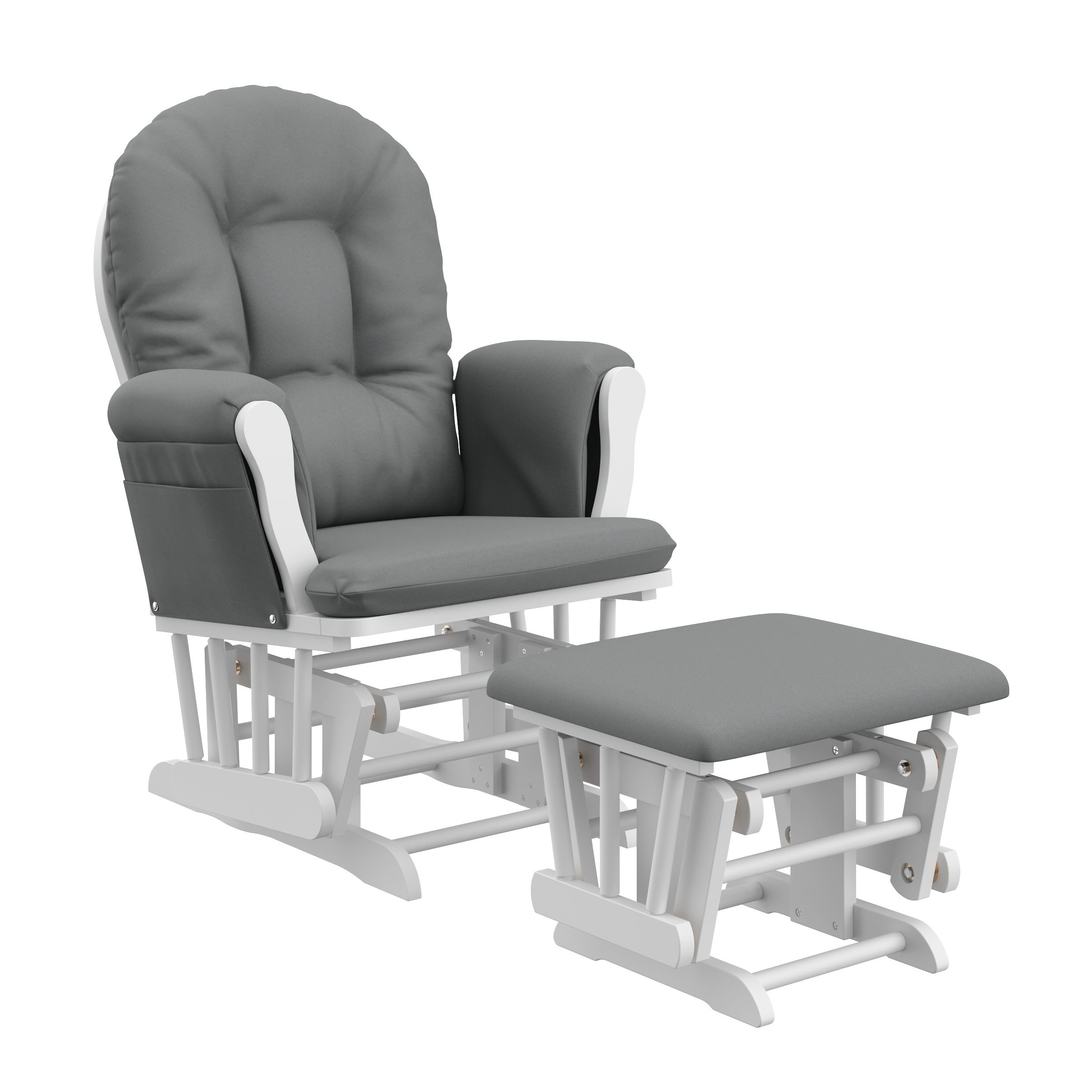 white glider and ottoman with gray cushions angled view