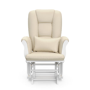 white glider with beige cushions 