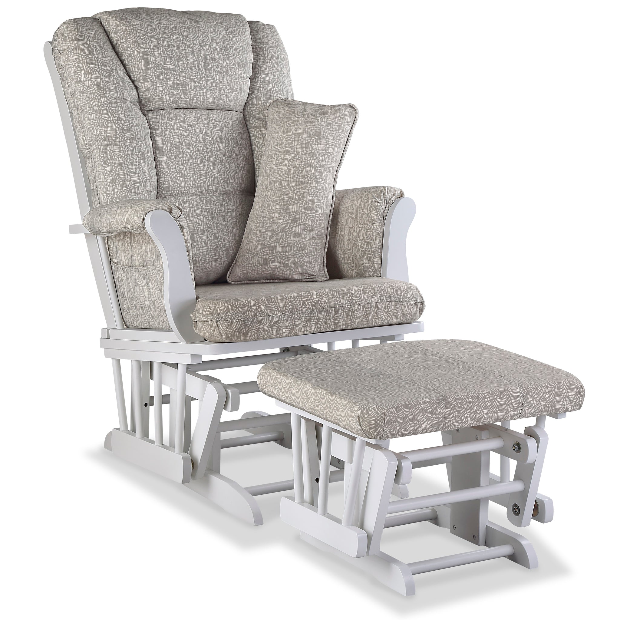 white glider and ottoman with taupe swirl cushions angled view 