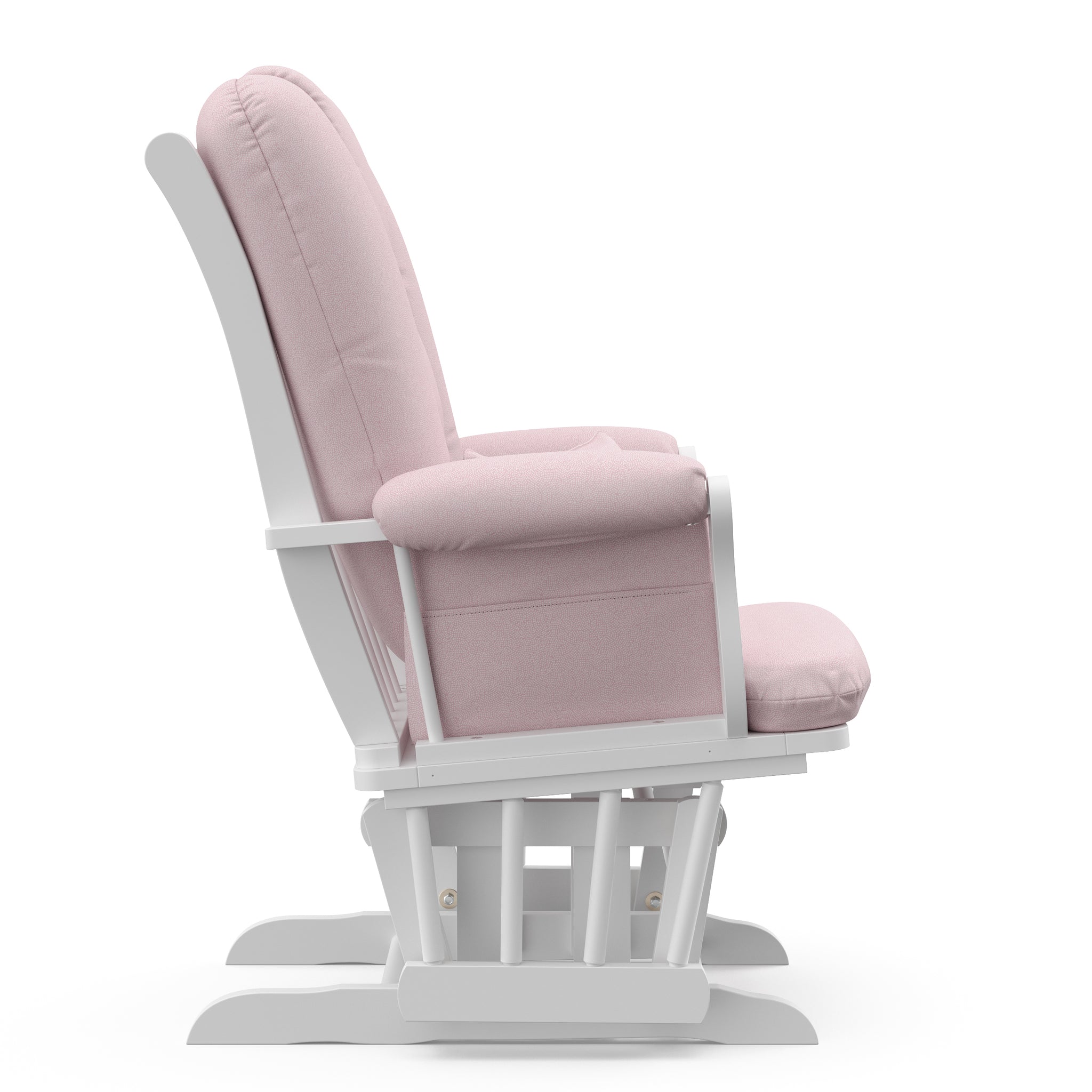 white glider with pink swirl cushions side view 