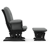 black glider and ottoman with gray cushions side view