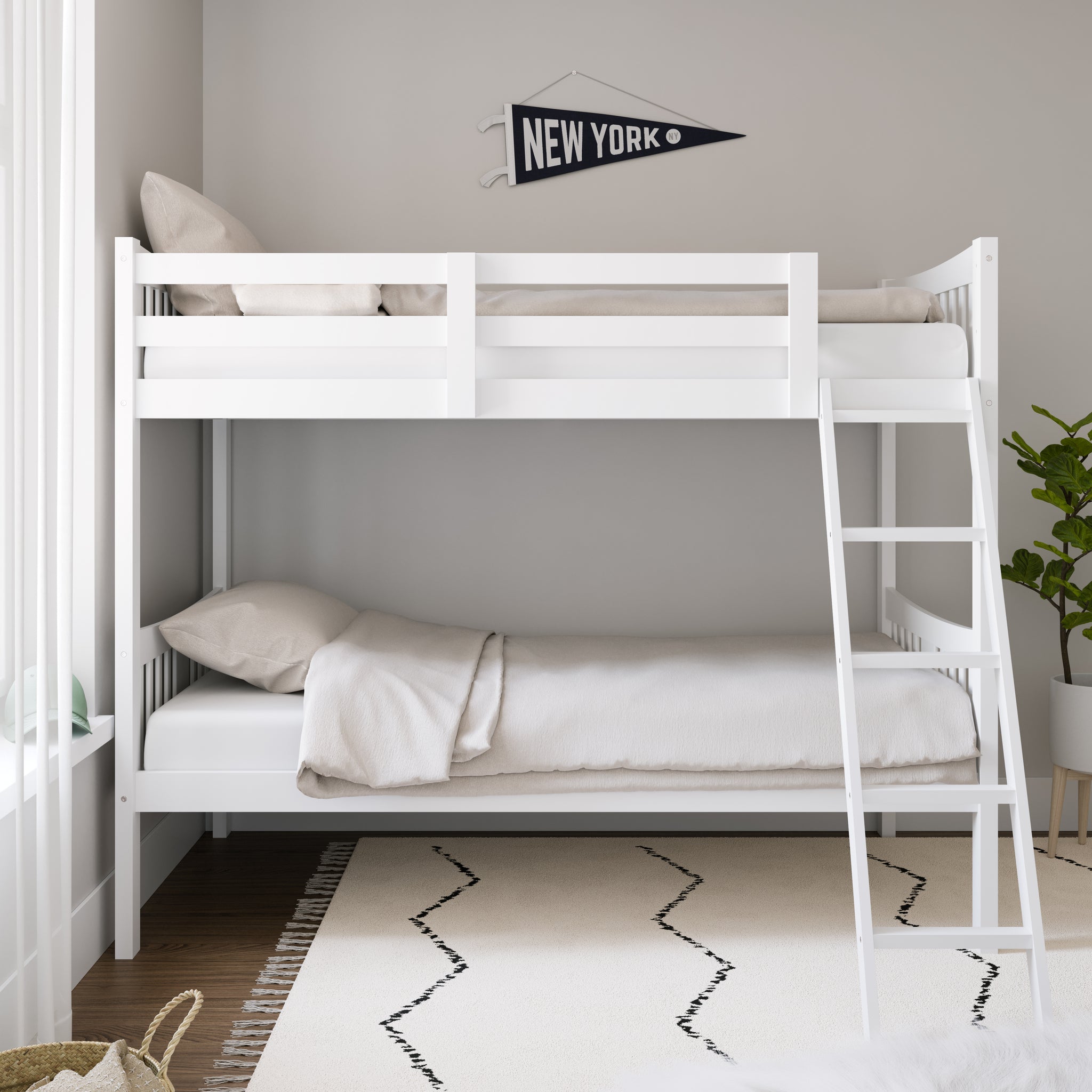 white bunk bed with fixed ladder angled in nursery side view