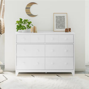 Front view of white 6 drawer dresser in nursery