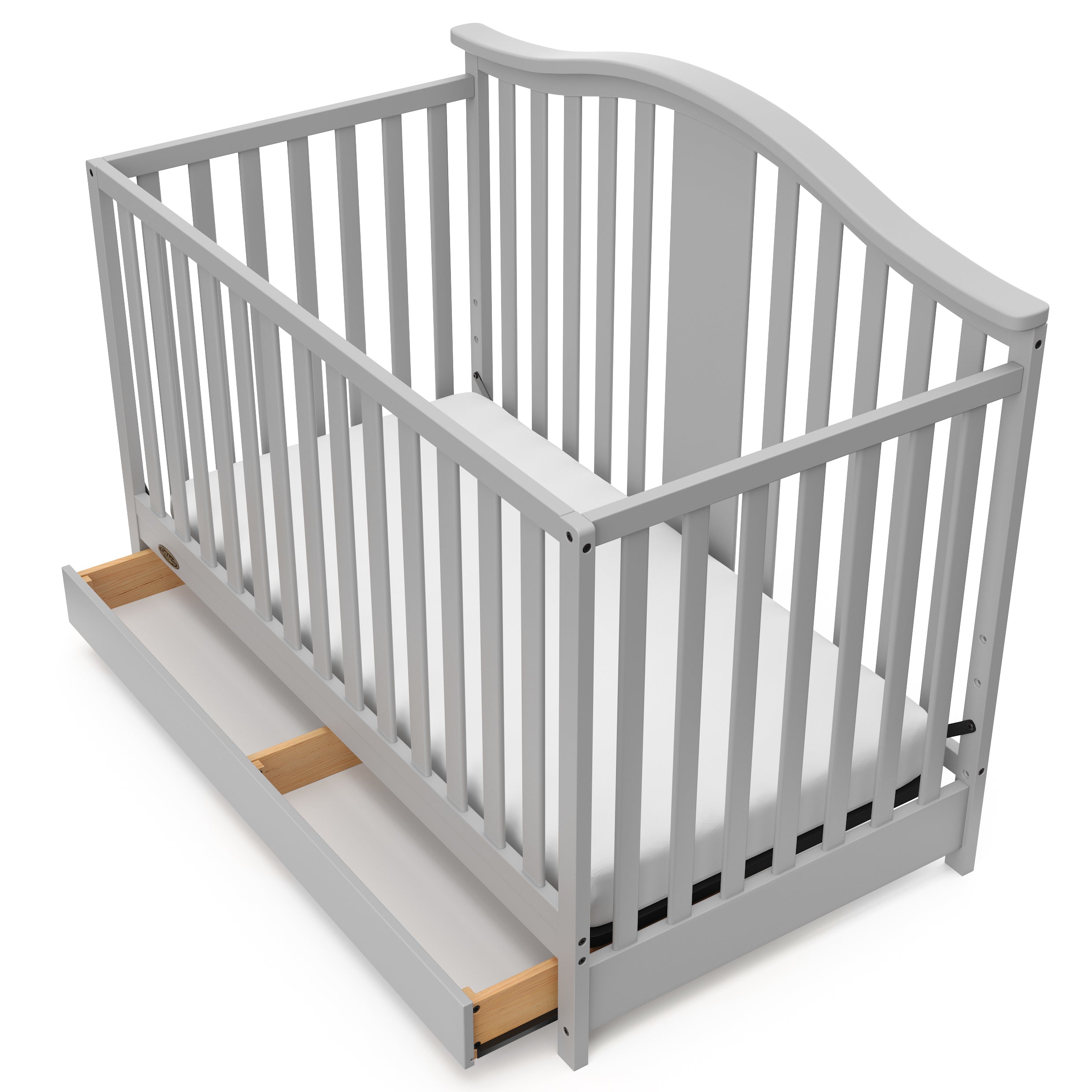 Pebble gray crib with open drawer angled