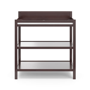 Front view of espresso changing table with two open shelves
