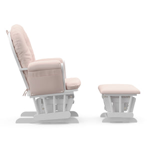 white glider and ottoman with pink cushions side view