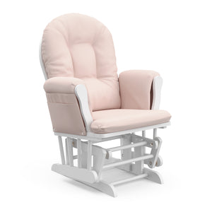white glider with pink cushions angled view