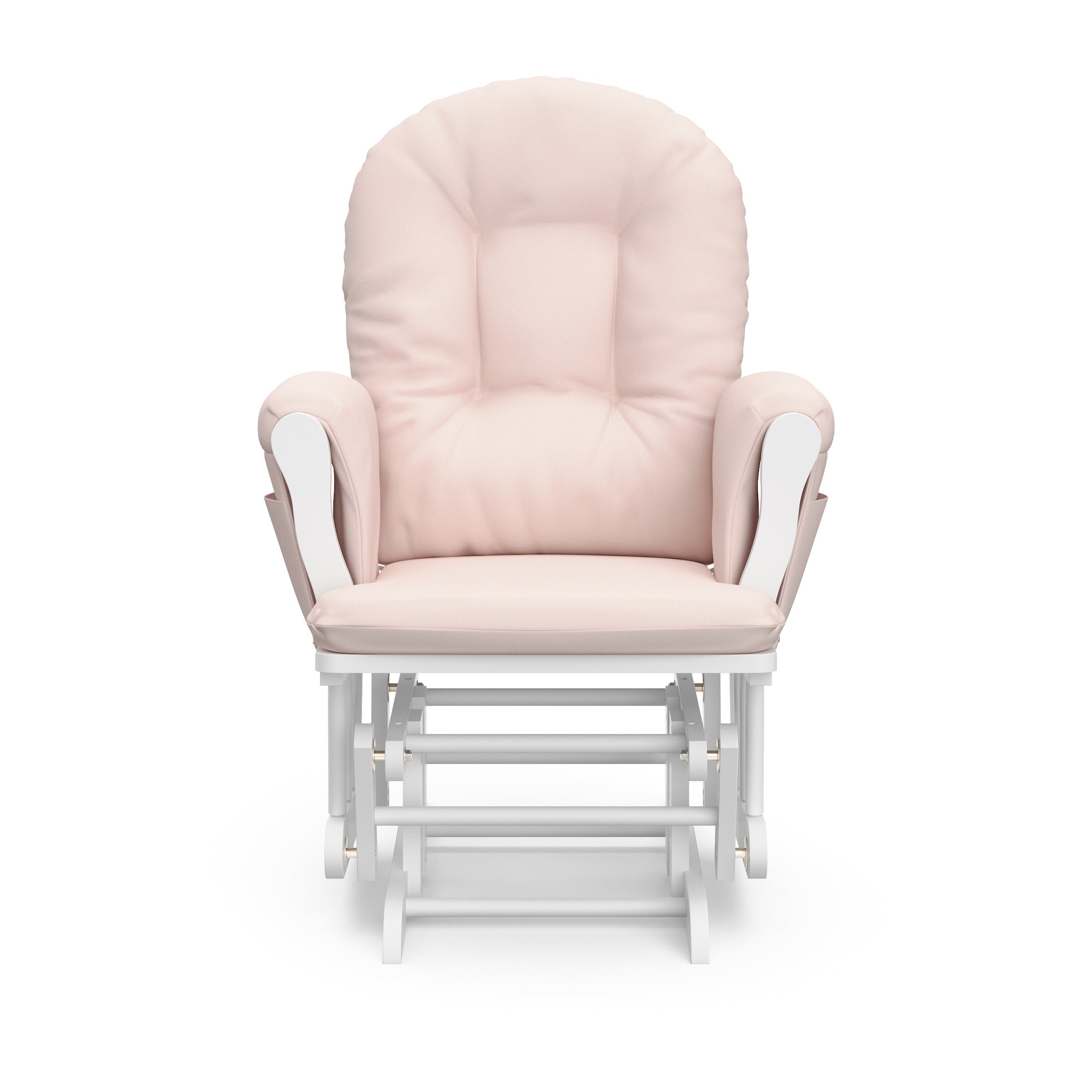 white glider with pink cushions front view