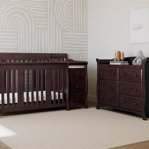 espresso crib and changer in nursery with 6 drawer dresser 