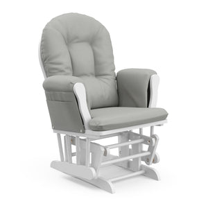 white glider with light gray cushions angled view
