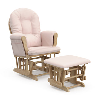 natural glider and ottoman with pink cushions angled view