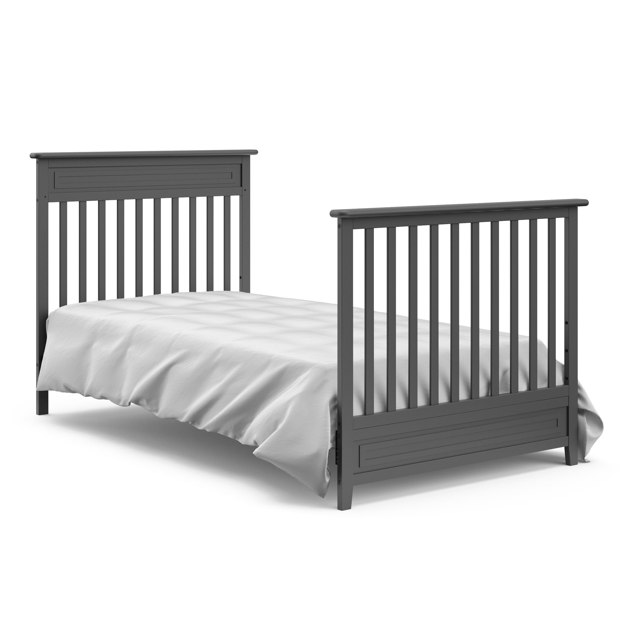 gray mini crib in twin-size bed with headboard and footboard conversion