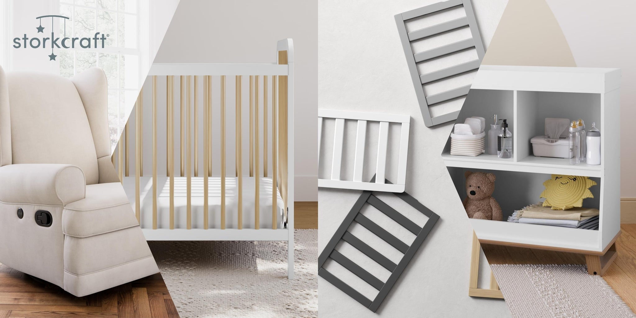 Banner image with Storkcraft logo containing various nursery items, including a beige nursery chair, white baby crib with natural wood details, toddler guardrails in various colors, and a white bookshelf