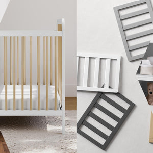 Banner image with Storkcraft logo containing various nursery items, including a beige nursery chair, white baby crib with natural wood details, toddler guardrails in various colors, and a white bookshelf