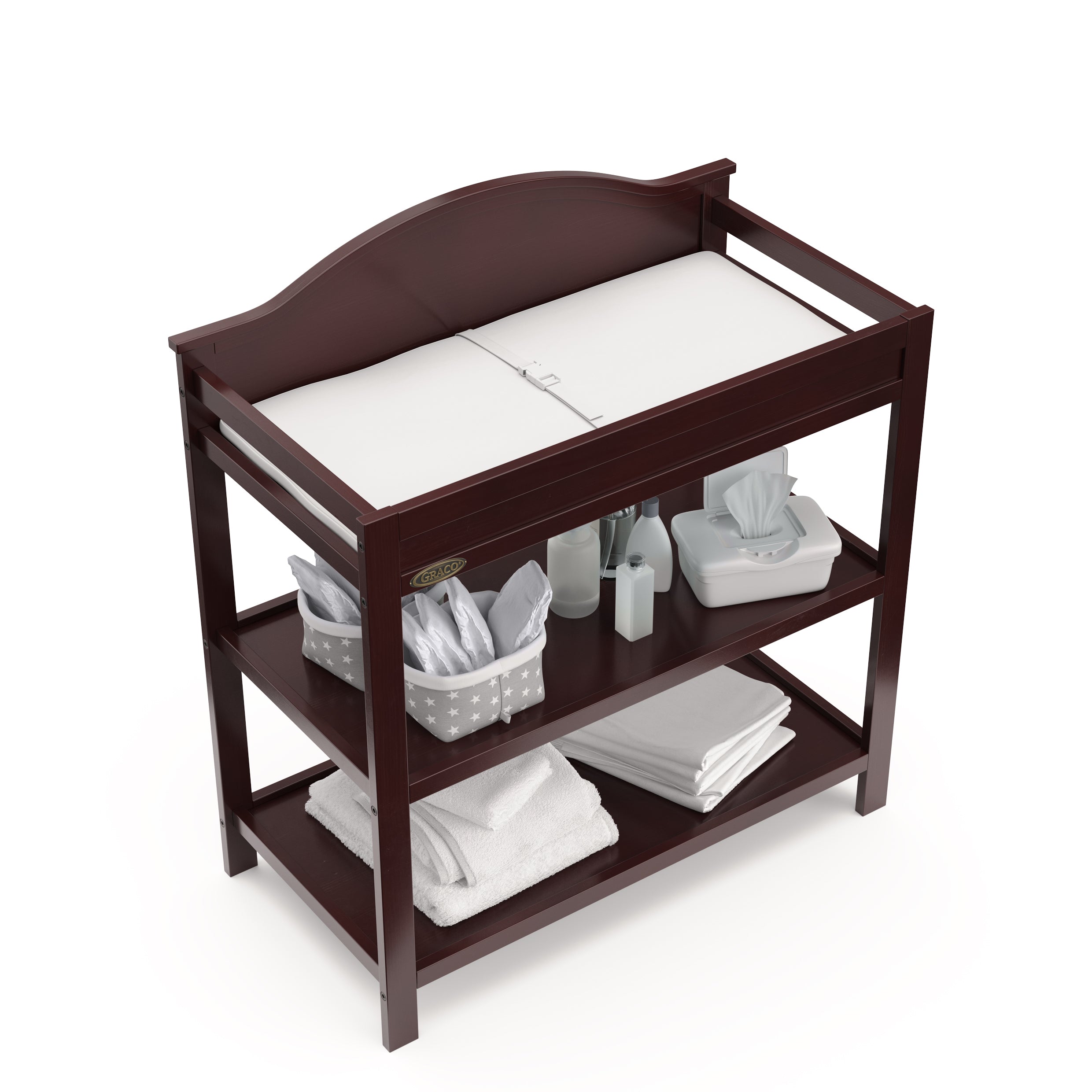 Story espresso changing table top view with baby items on both shelves