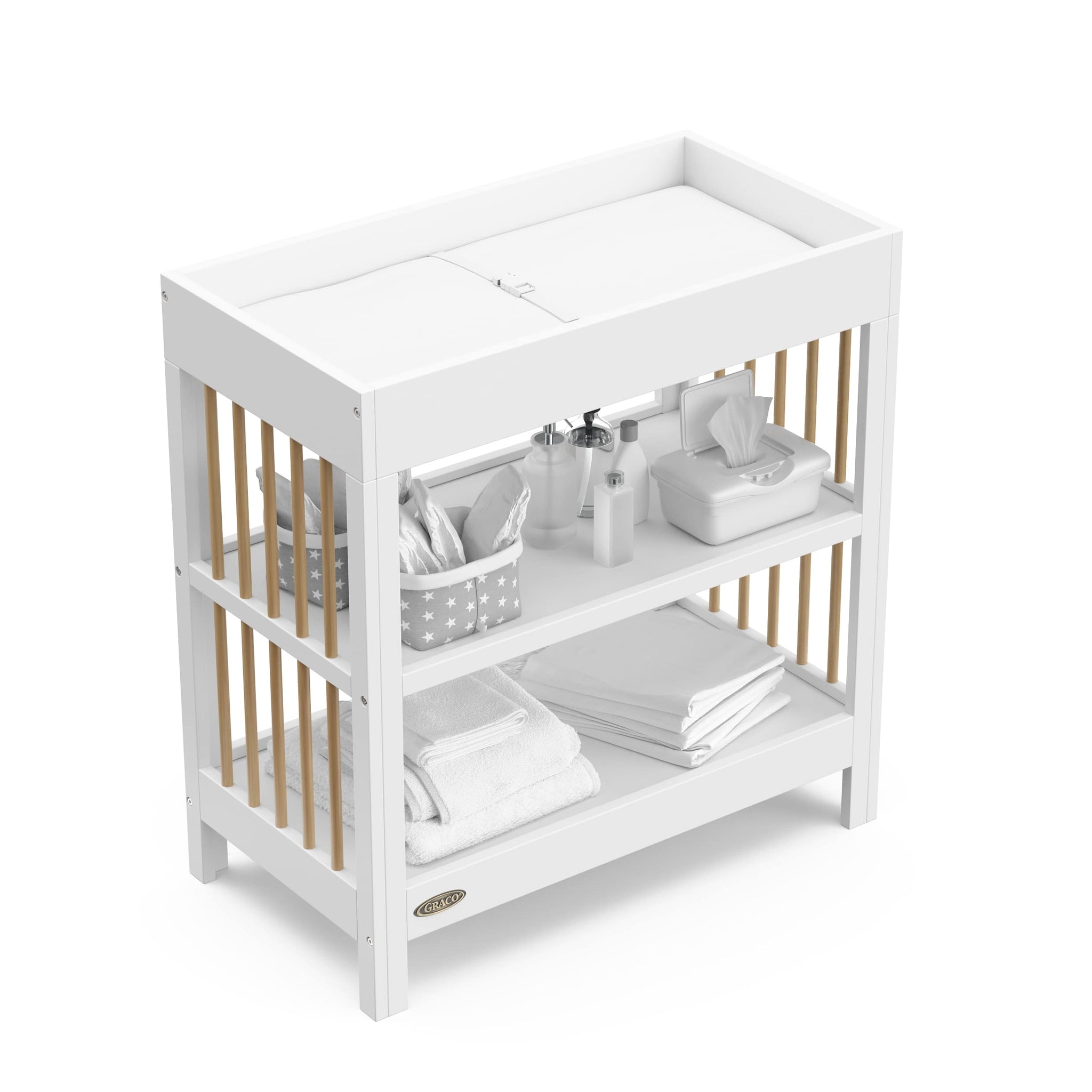 white with driftwood changing table with two shelves and products