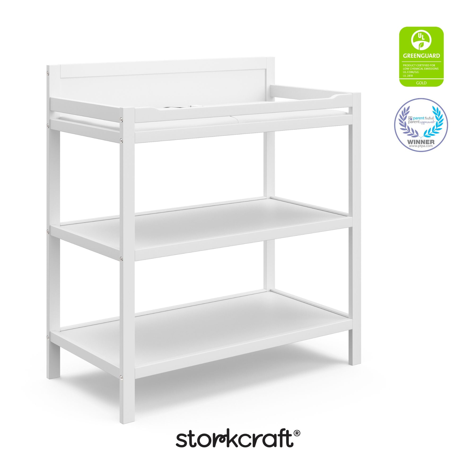 Alpine white changing table with GGG and PTPA logos on top right