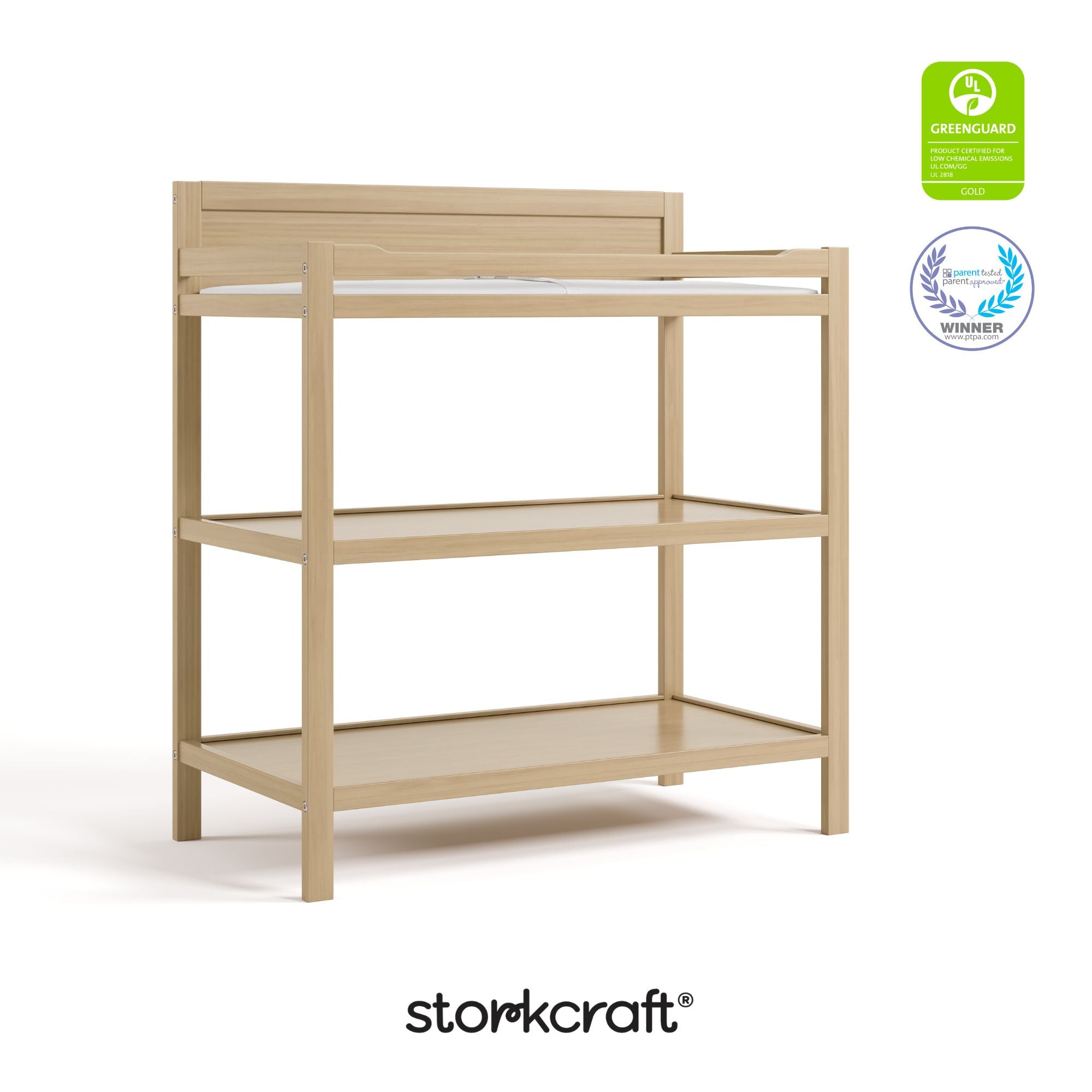 Alpine driftwood changing table with GGG and PTPA logos on top right