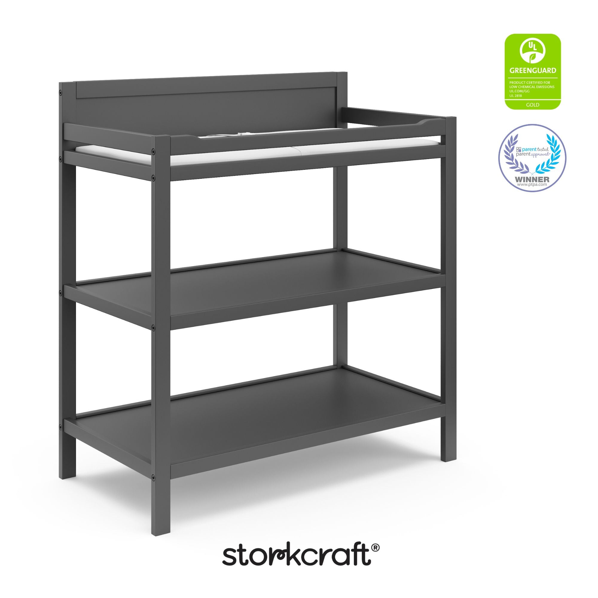 Alpine gray changing table with GGG and PTPA logos on top right