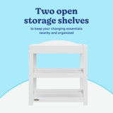 Graco white customizable changing table open shelves callout