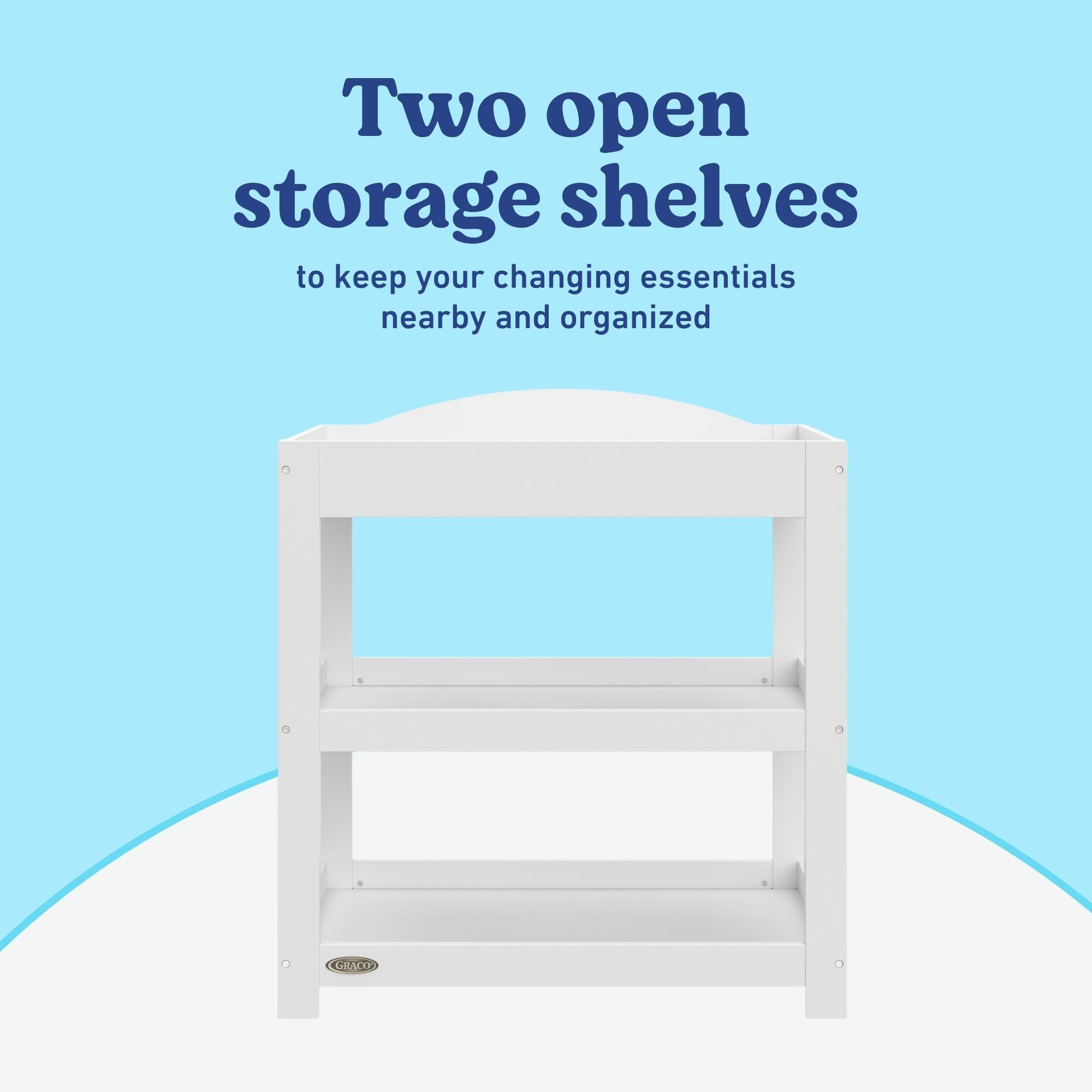 Graco white customizable changing table open shelves callout