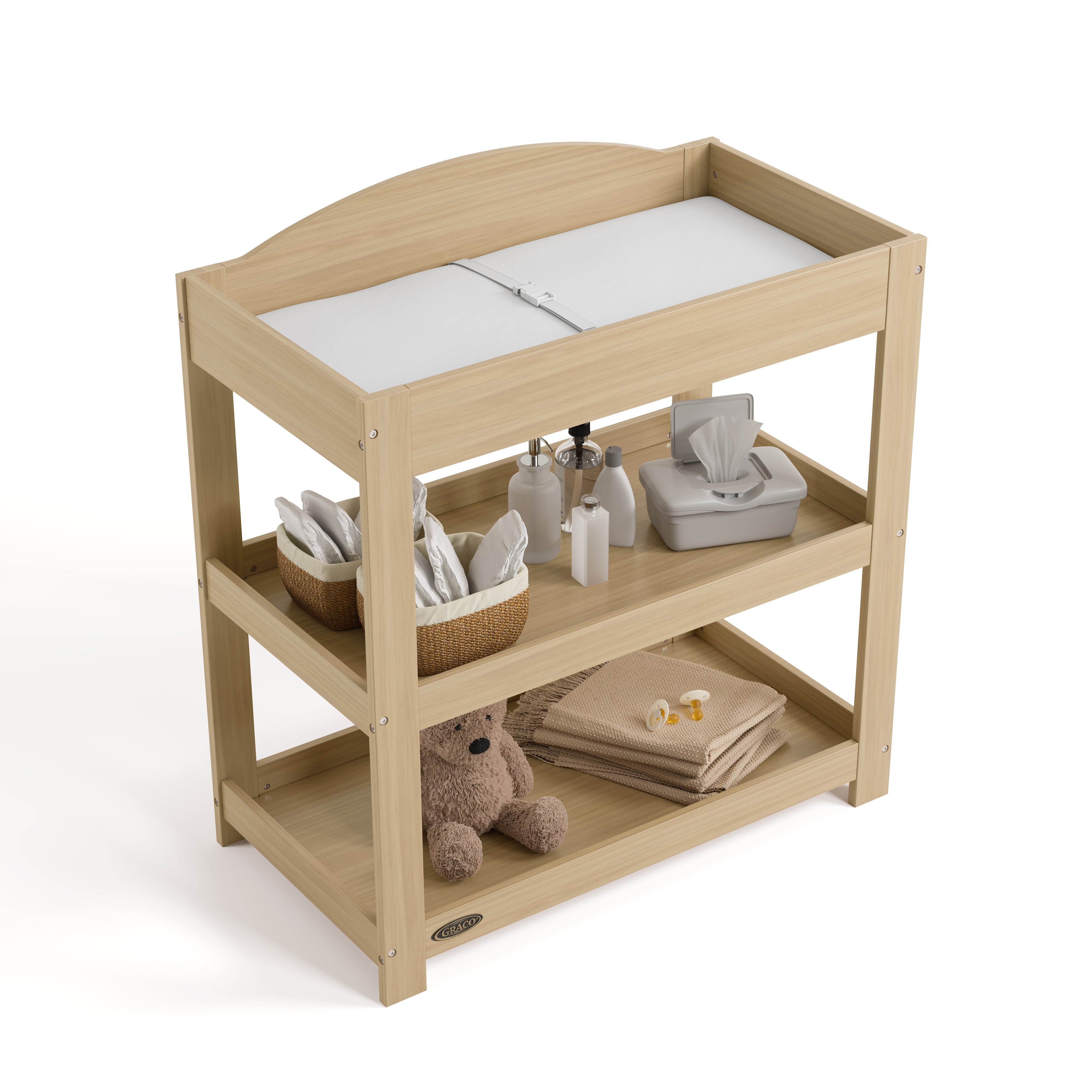 Customizable driftwood changing table with baby items on both shelves top view