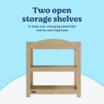 Graco driftwood customizable changing table open shelves callout