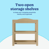 Graco driftwood customizable changing table open shelves callout