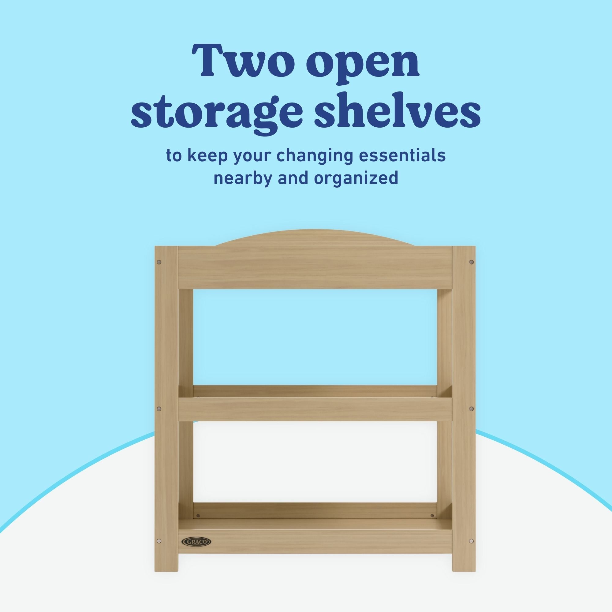 Graco driftwood customizable changing table open shelves callout