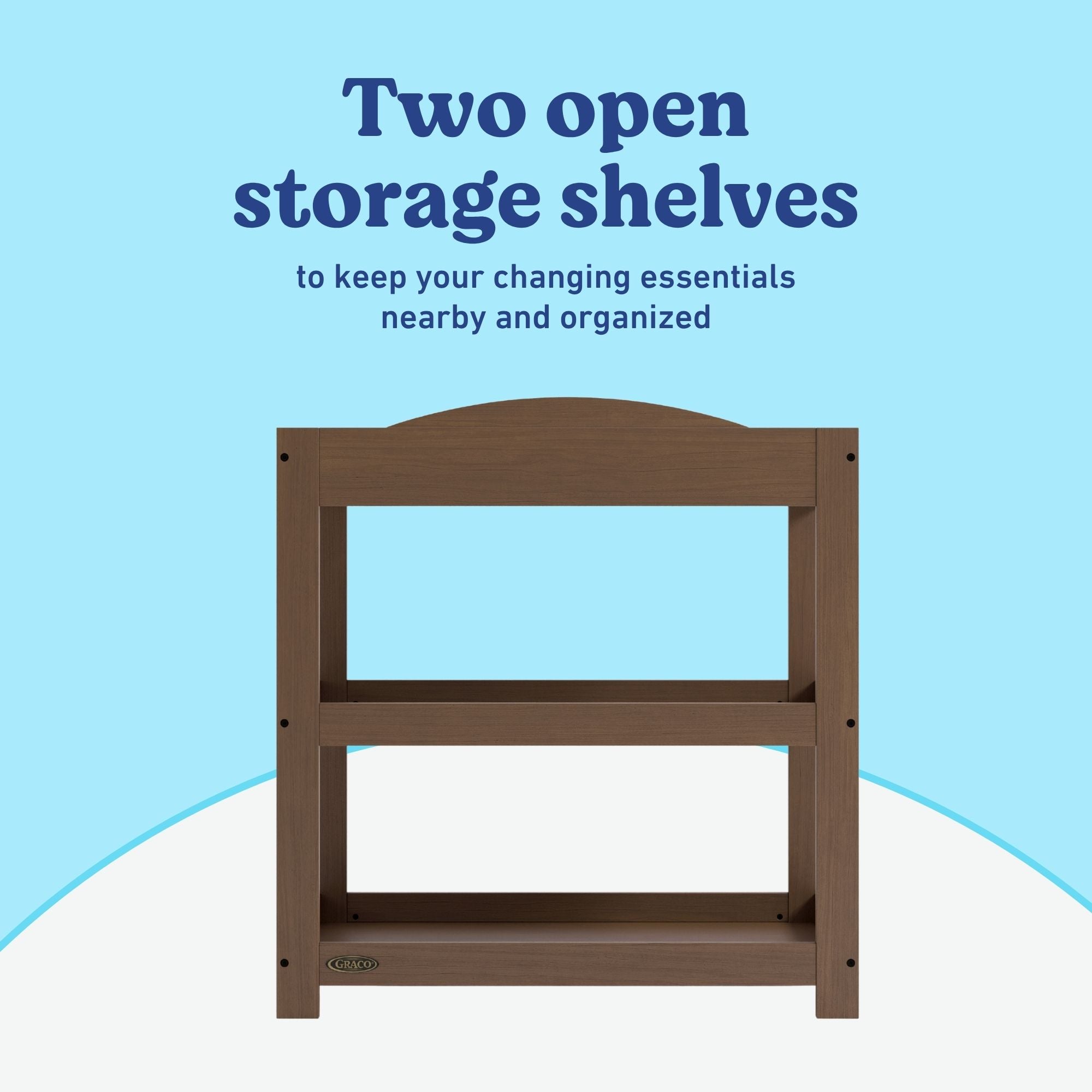 Graco hazelnut customizable changing table open shelves callout