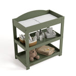 Customizable olive changing table with baby items on both shelves top view