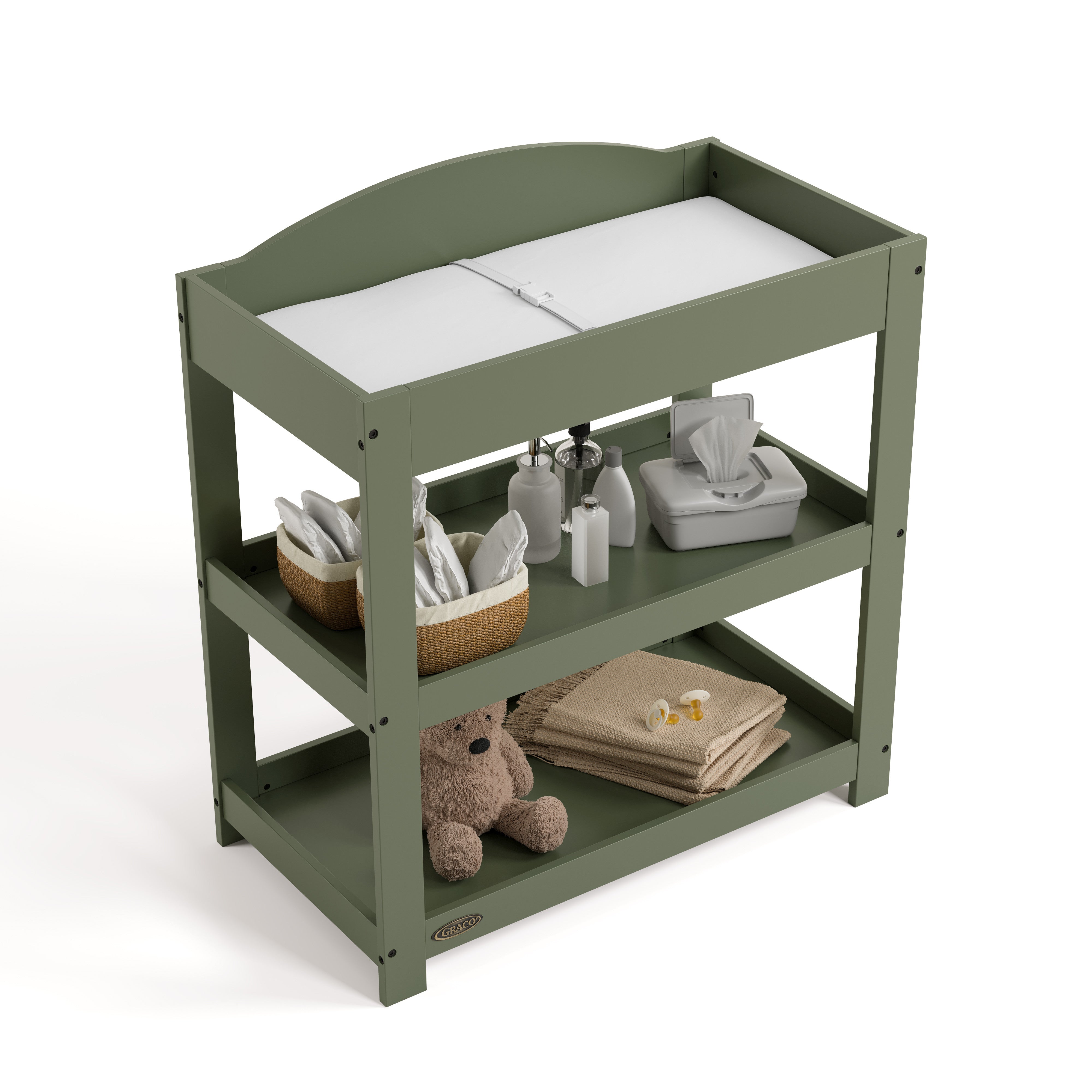 Customizable olive changing table with baby items on both shelves top view