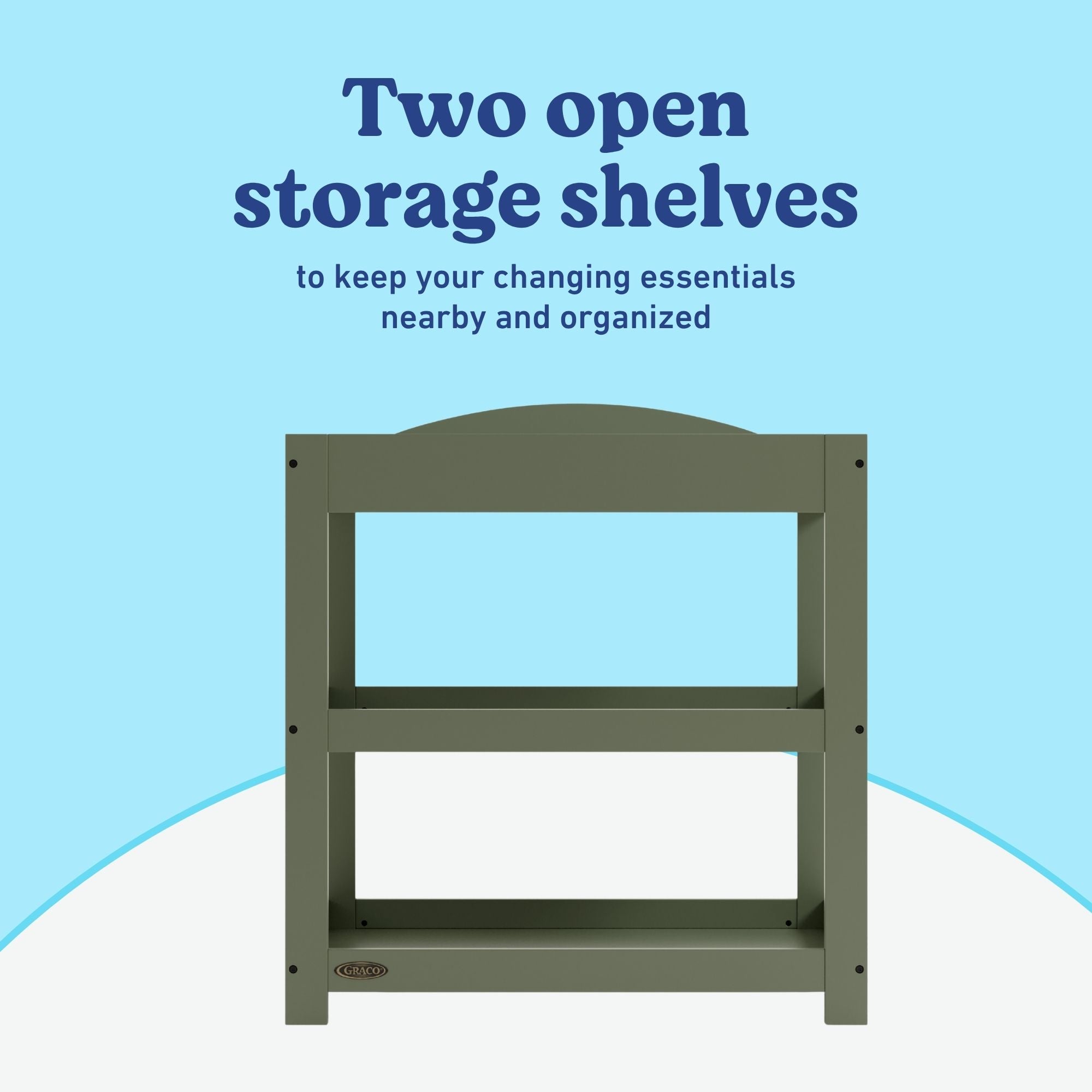 Graco olive customizable changing table open shelves callout