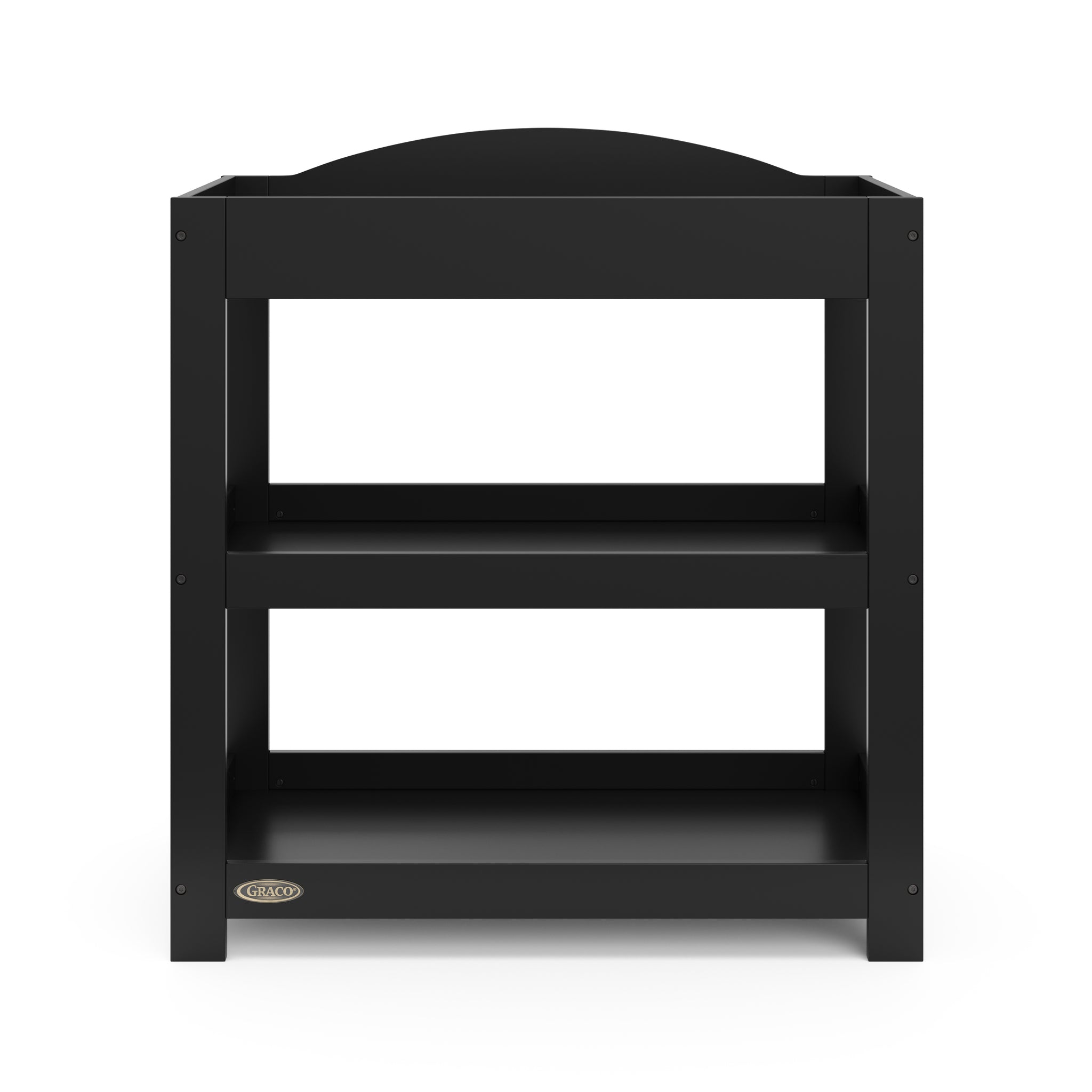 front view of black changing table with removable headboard and two open shelves