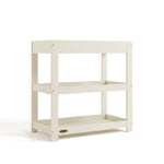 Customizable frosted oat changing table without curved headboard angle view 